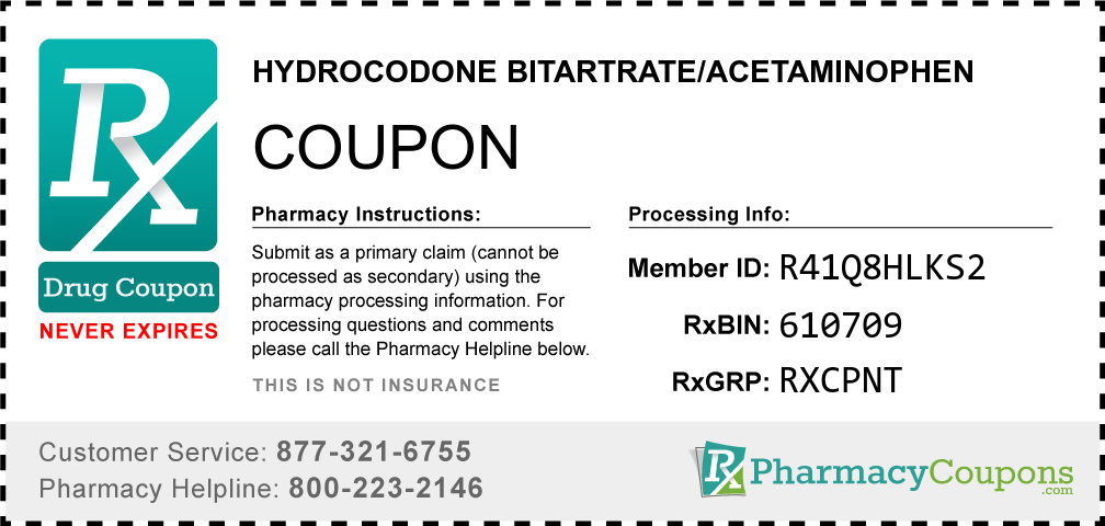 Hydrocodone bitartrate/acetaminophen Prescription Drug Coupon with Pharmacy Savings