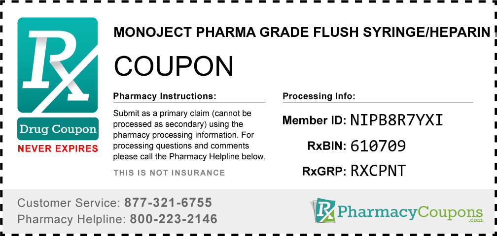 Monoject pharma grade flush syringe/heparin lock Prescription Drug Coupon with Pharmacy Savings