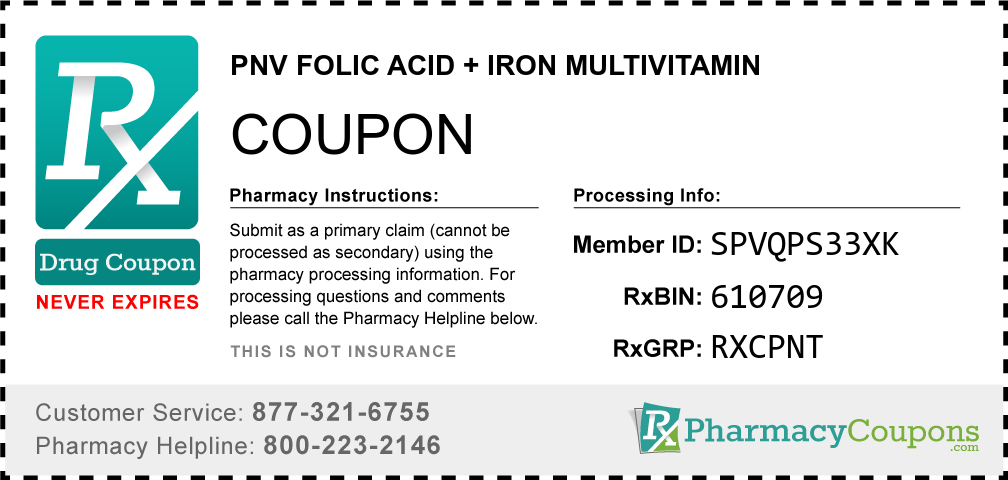 Pnv folic acid + iron multivitamin Prescription Drug Coupon with Pharmacy Savings